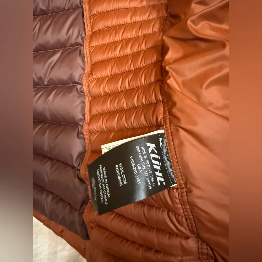 KUHL Spyfire Goose down Jacket cinnamon rust dark orange small puffer NWOT zip - Picture 15 of 15